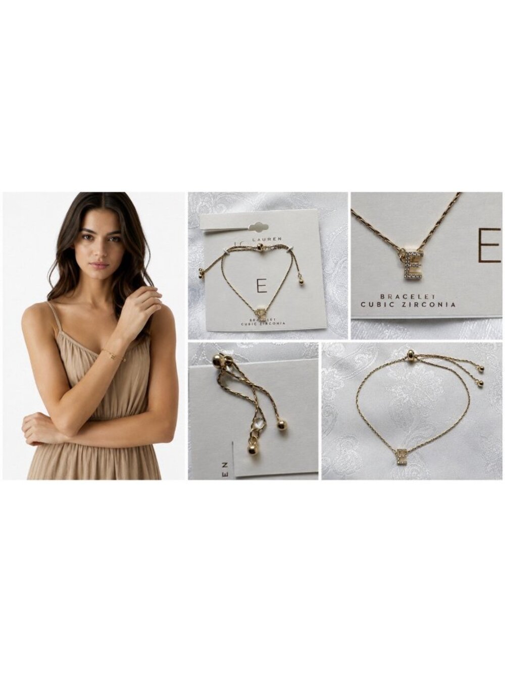 LC Lauren Conrad Goldtone Initial E CZ Adjustable Charm Bracelet Summer NWT